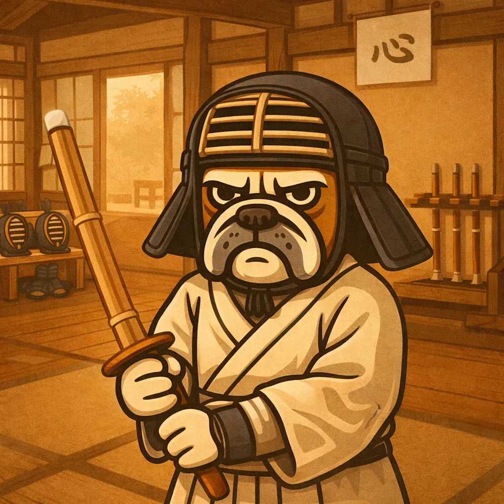 Goliat, el bulldog samurái, meditando bajo un cerezo en flor, simbolizando la perseverancia en el aprendizaje